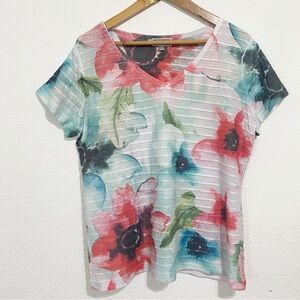 JM Collection Water Color Floral Short Sleeve Top Artsy Women’s Large